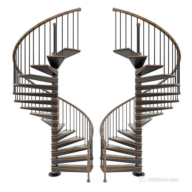 Symmetrical Spiral Stairs With Elegant Railing Design 3d model