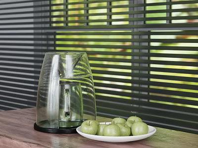 Transparent Inflatable Decor Item On Wooden Table With Green Apples And Plants 3d model