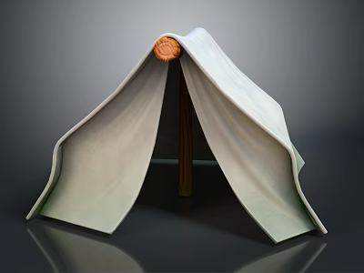 Light Beige Camping Tent With Wooden Frame Round Top And Simple Design 3d model