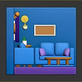 Living Room Interior With Blue Walls Blue Sofas Purple Rug Orange Coffee Table Clock Curtains