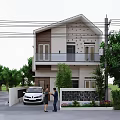Modern White Two Story Detached Villa Exterior With Car People Dog And Trees In Front