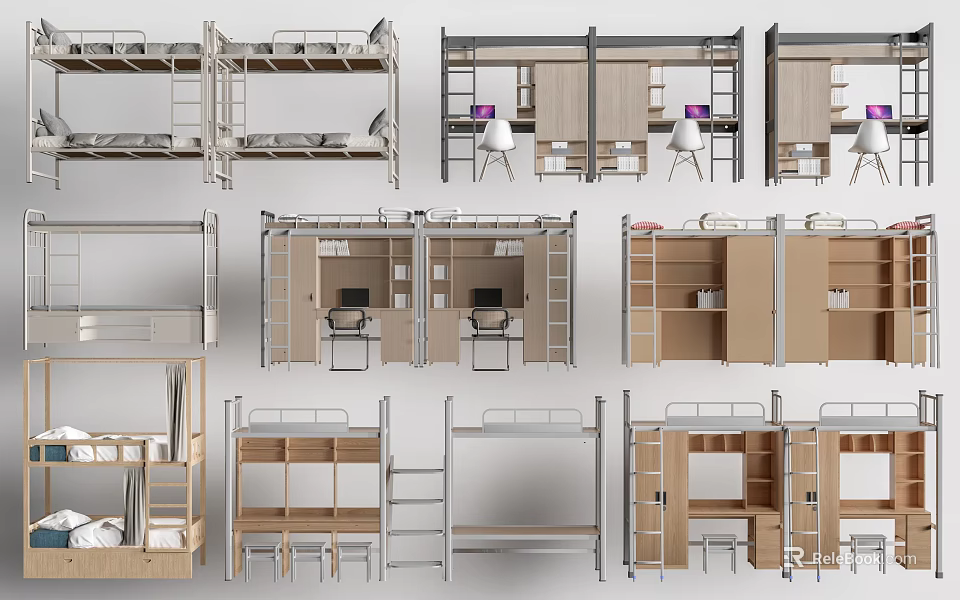 Modern Bunk Beds Interior Design With Ladders Desks And Storage Cabinets 3d model