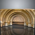 Scenic Ancient Stone Arch Landscape With Carved Decorations Circular Motifs And Reflections