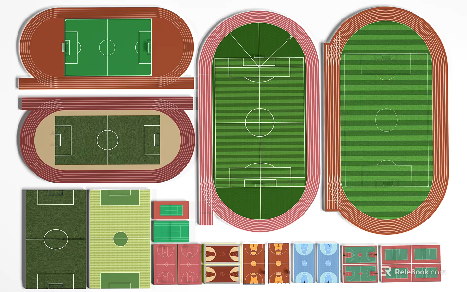 Various Soccer Field Design Layouts With Different Shapes Sizes And Green Turf 3d model 