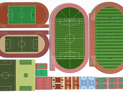 Various Soccer Field Design Layouts With Different Shapes Sizes And Green Turf 3d model