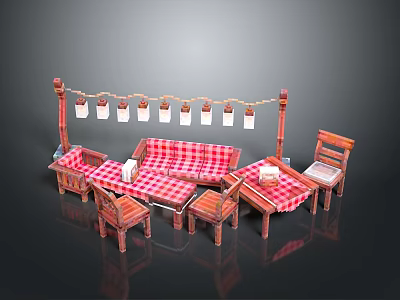 Cozy Outdoor Leisure Setup With Red Checkered Sofa Tables Chairs And Hanging Lanterns 3d model