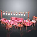 Cozy Outdoor Leisure Setup With Red Checkered Sofa Tables Chairs And Hanging Lanterns