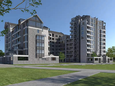 Modern Residential Building Exterior With Gray Stone Facade Green Lawn Pathways And Trees 3d model