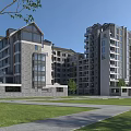 Modern Residential Building Exterior With Gray Stone Facade Green Lawn Pathways And Trees