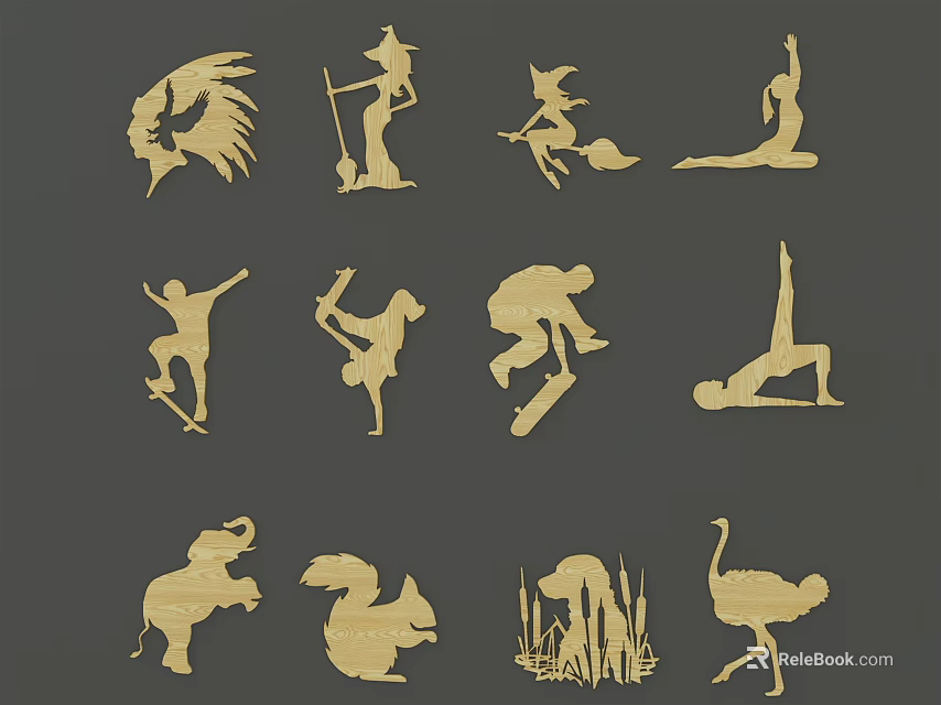 Golden Silhouette Wall Decor With Animal And Human Figure Designs 3d model 