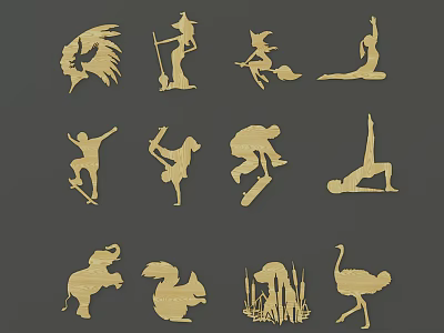 Golden Silhouette Wall Decor With Animal And Human Figure Designs 3d model