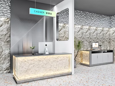 Front Desk Reception Area With Modern Design Marble Countertop Stone Wall Computer And Potted Plant 3d model