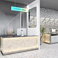 Front Desk Reception Area With Modern Design Marble Countertop Stone Wall Computer And Potted Plant