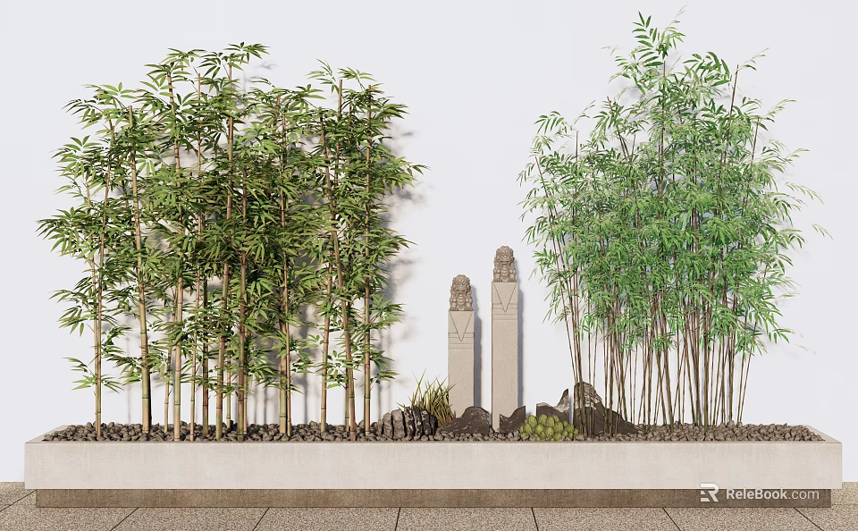 Tall Green Bamboo Plants With Stone Pillars And Rocks Against White Wall 3d model 