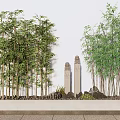 Tall Green Bamboo Plants With Stone Pillars And Rocks Against White Wall