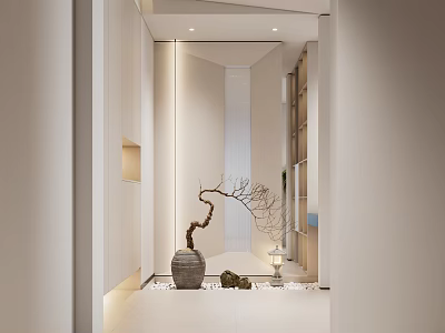 Modern Entryway Hallway Design With Light Walls Storage Cabinets And Decorative Tree Branch 3d model