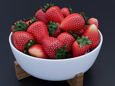 Fresh Ripe Strawberries in White Bowl with Green Leaves on Wooden Stand 3d model