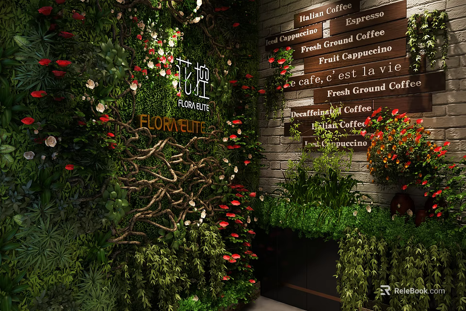 Lush Green Wall with Colorful Flowers and Cafe Menu Board Interior Decor 3d model 