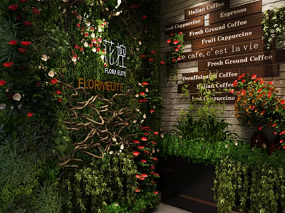 Lush Green Wall with Colorful Flowers and Cafe Menu Board Interior Decor 3d model