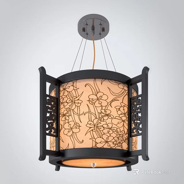 Elegant Traditional Chinese Chandelier With Black Frame Carved Floral Pattern Lampshade 3d model 