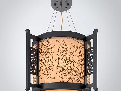Elegant Traditional Chinese Chandelier With Black Frame Carved Floral Pattern Lampshade 3d model
