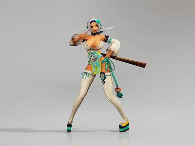 Game And Movie Character In Decorative Green And White Outfit With Headpiece Holding Long Staff 3d model
