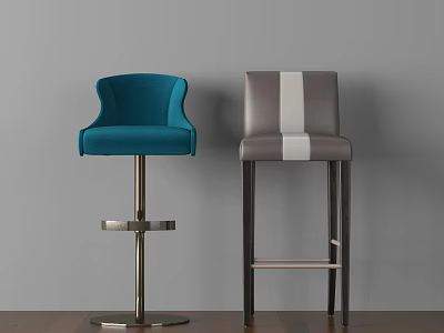 Stylish Bar Stools Featuring Blue Curved Backrest Gray White Stripe Metal Base And Black Frame 3d model