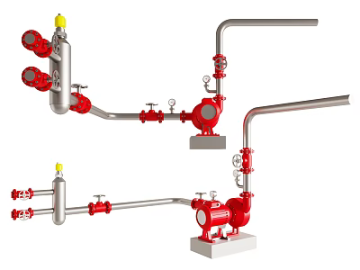 Industrial Equipment with Red Valves Pumps Silver Pipes and Pressure Gauges 3d model