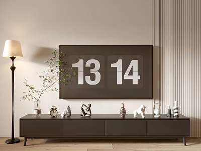 Modern TV Stand with Flat Screen TV Digital Numbers Decor Items and Floor Lamp 3d model