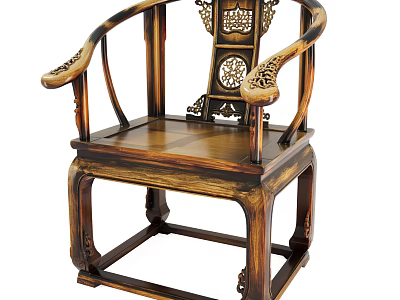 Traditional Chinese Wooden Single Chair With Ornate Carved Backrest And Armrests 3d model