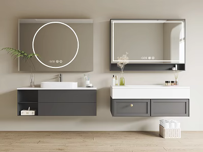 Modern Bathroom Cabinet with Wall Mounted Design Round Backlit Mirror Gray Countertop and Sink 3d model