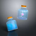 Household Transparent Bottles with Orange Caps Blue Liquid and Pink Suspended Decoration