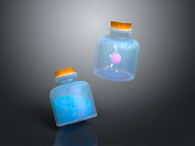 Household Transparent Bottles with Orange Caps Blue Liquid and Pink Suspended Decoration 3d model