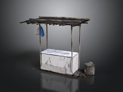 Simple Street Vendor Stall With White Concrete Base Wooden Plank Roof And Blue Bag 3d model