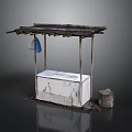 Simple Street Vendor Stall With White Concrete Base Wooden Plank Roof And Blue Bag
