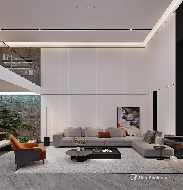 Modern Loft Living Room Interior With Sofa Artwork And Greenery 3d model