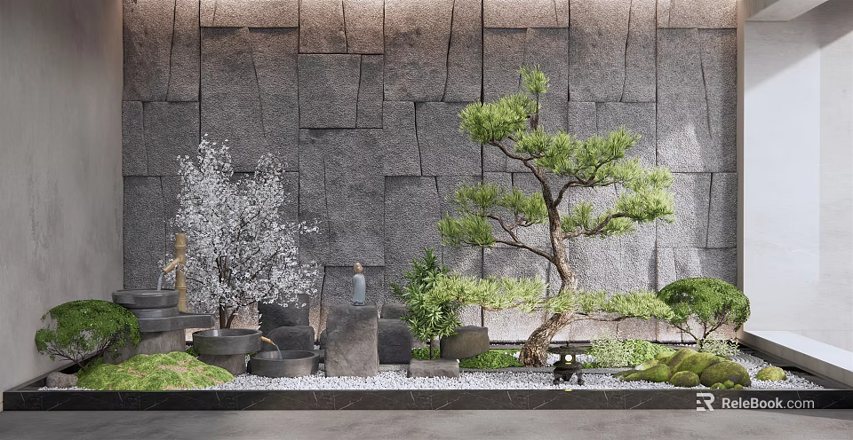 Gray Stone Garden Wall Design With Pine Tree White Flowering Plants And Gravel Decor 3d model 
