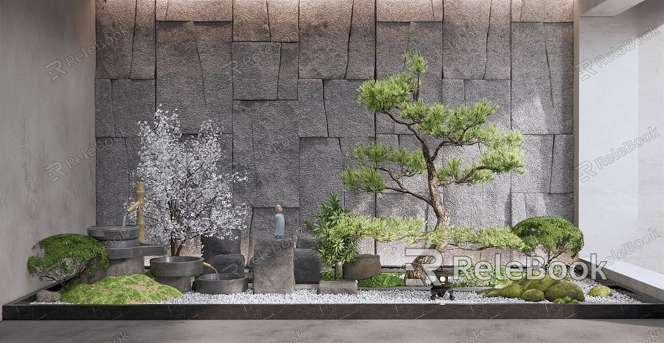 New Chinese style landscape sketch courtyard landscape sketch interior landscape stone pine tree landscape water drop sketch moss plant landscape landscape wall stone wall model