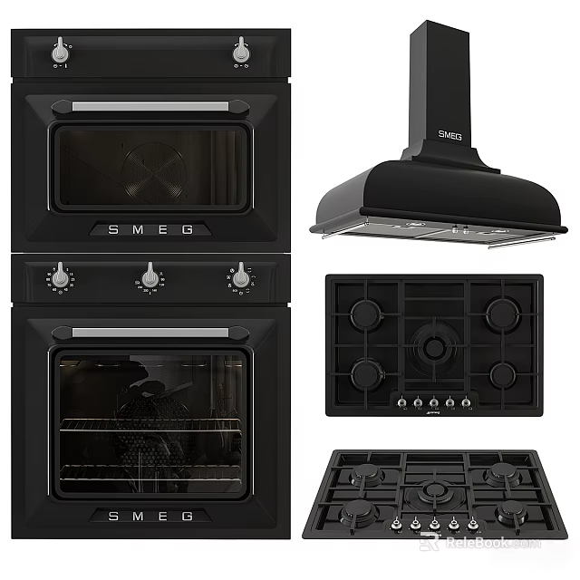 SMEG Black Kitchen Appliances Including Double Oven Range Hood And Gas Cooktop 3d model 