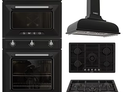 SMEG Black Kitchen Appliances Including Double Oven Range Hood And Gas Cooktop 3d model