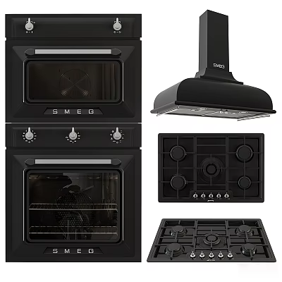 SMEG Black Kitchen Appliances Including Double Oven Range Hood And Gas Cooktop 3d model