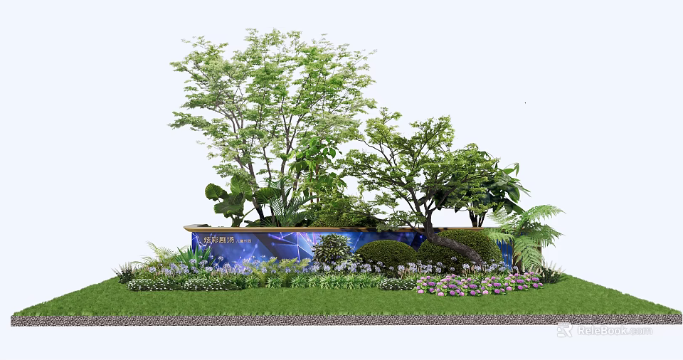Lush Garden Bushes with Green Trees Colorful Flowers and Blue Decorative Container 3d model 