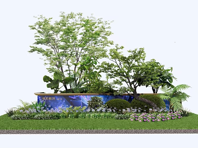 Lush Garden Bushes with Green Trees Colorful Flowers and Blue Decorative Container 3d model