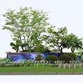 Lush Garden Bushes with Green Trees Colorful Flowers and Blue Decorative Container