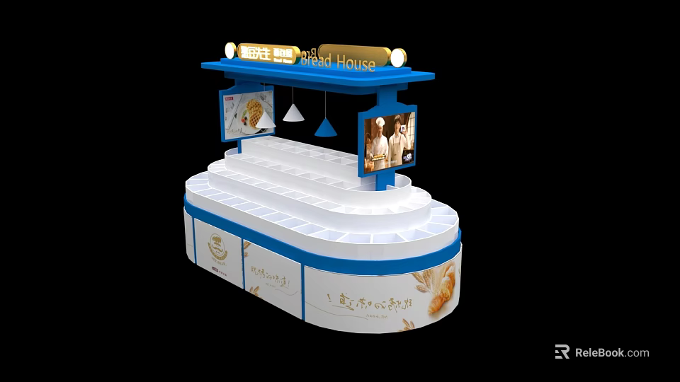 Sweet Food House Dessert Display Shelf With White And Blue Design And Top Signage 3d model 