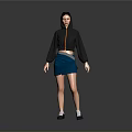 A Woman Wearing Black Hoodie Blue Skirt White Socks Black Shoes On Gray Background