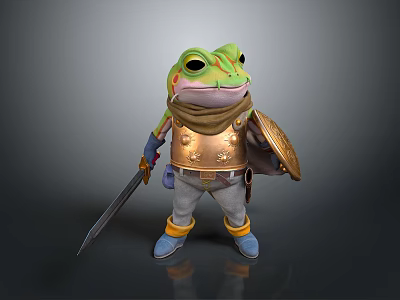 Frog Game Movie Character Wearing Golden Armor With Scarf Sword Shield And Blue Boots 3d model