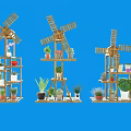 Wooden Windmill Shaped Shelving Units Displaying Potted Plants On Blue Background