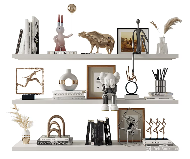 Decorative Ornament Set With Picture Frames Vases Sculptures Stacked Books And Feather Decor 3d model 