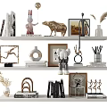 Decorative Ornament Set With Picture Frames Vases Sculptures Stacked Books And Feather Decor